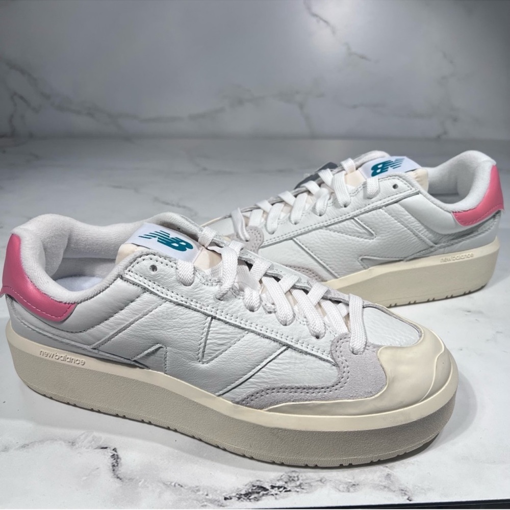 New Balance CT 302 White Leather Pink Heel Platform Sneakers - Picture 3 of 11
